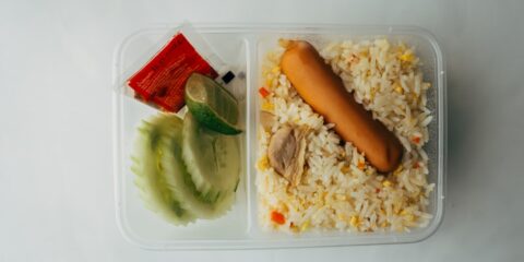 a plastic container filled with rice and a hot dog