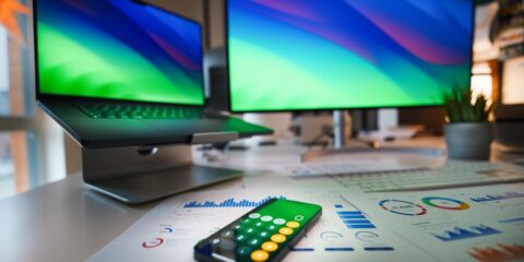 a remote control sitting on top of a desk next to two computer monitors