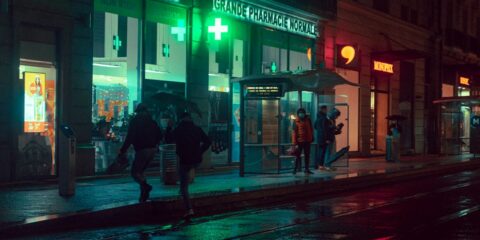 man and woman walking on sidewalk during night time