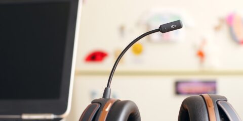 black and brown headset near laptop computer
