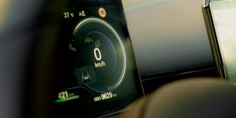 Digital dashboard of a modern car interior.