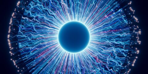 A close up of a blue eyeball in the dark